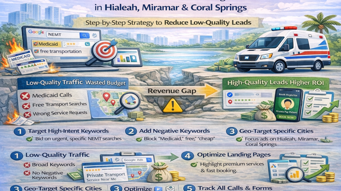 A detailed step-by-step guide explaining how NEMT providers in Miami Beach and Aventura can generate high-value private-pay leads using Google Ads. It highlights common reasons campaigns fail, such as broad targeting, lack of negative keywords, weak landing pages, and missing conversion tracking. The content outlines a structured strategy including targeting high-intent keywords, filtering out low-quality Medicaid leads, precise geo-targeting, optimizing landing pages, improving ad copy, and tracking calls and conversions. It also emphasizes combining Google Ads with SEO for long-term growth, using a real example to show improved lead quality and ROI after optimization. The guide focuses on attracting booking-ready clients rather than just increasing traffic.