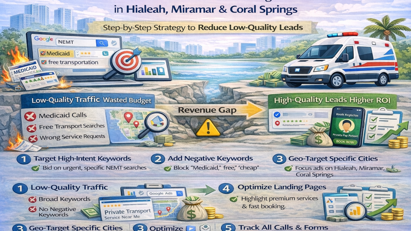 A detailed step-by-step guide explaining how NEMT providers in Miami Beach and Aventura can generate high-value private-pay leads using Google Ads. It highlights common reasons campaigns fail, such as broad targeting, lack of negative keywords, weak landing pages, and missing conversion tracking. The content outlines a structured strategy including targeting high-intent keywords, filtering out low-quality Medicaid leads, precise geo-targeting, optimizing landing pages, improving ad copy, and tracking calls and conversions. It also emphasizes combining Google Ads with SEO for long-term growth, using a real example to show improved lead quality and ROI after optimization. The guide focuses on attracting booking-ready clients rather than just increasing traffic.