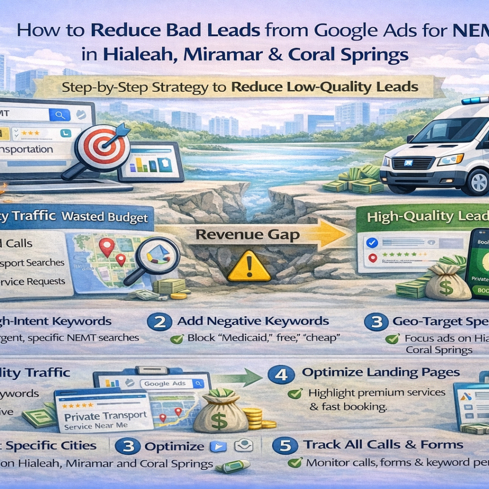 A detailed step-by-step guide explaining how NEMT providers in Miami Beach and Aventura can generate high-value private-pay leads using Google Ads. It highlights common reasons campaigns fail, such as broad targeting, lack of negative keywords, weak landing pages, and missing conversion tracking. The content outlines a structured strategy including targeting high-intent keywords, filtering out low-quality Medicaid leads, precise geo-targeting, optimizing landing pages, improving ad copy, and tracking calls and conversions. It also emphasizes combining Google Ads with SEO for long-term growth, using a real example to show improved lead quality and ROI after optimization. The guide focuses on attracting booking-ready clients rather than just increasing traffic.