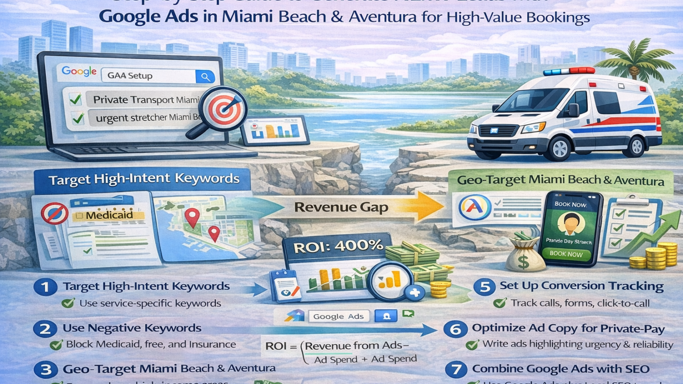A detailed step-by-step guide explaining how NEMT providers in Miami Beach and Aventura can generate high-value private-pay leads using Google Ads. It highlights common reasons campaigns fail, such as broad targeting, lack of negative keywords, weak landing pages, and missing conversion tracking. The content outlines a structured strategy including targeting high-intent keywords, filtering out low-quality Medicaid leads, precise geo-targeting, optimizing landing pages, improving ad copy, and tracking calls and conversions. It also emphasizes combining Google Ads with SEO for long-term growth, using a real example to show improved lead quality and ROI after optimization. The guide focuses on attracting booking-ready clients rather than just increasing traffic.