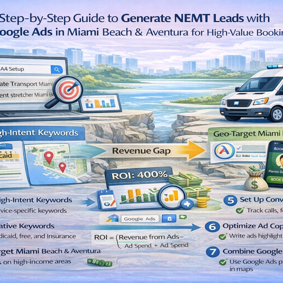 A detailed step-by-step guide explaining how NEMT providers in Miami Beach and Aventura can generate high-value private-pay leads using Google Ads. It highlights common reasons campaigns fail, such as broad targeting, lack of negative keywords, weak landing pages, and missing conversion tracking. The content outlines a structured strategy including targeting high-intent keywords, filtering out low-quality Medicaid leads, precise geo-targeting, optimizing landing pages, improving ad copy, and tracking calls and conversions. It also emphasizes combining Google Ads with SEO for long-term growth, using a real example to show improved lead quality and ROI after optimization. The guide focuses on attracting booking-ready clients rather than just increasing traffic.