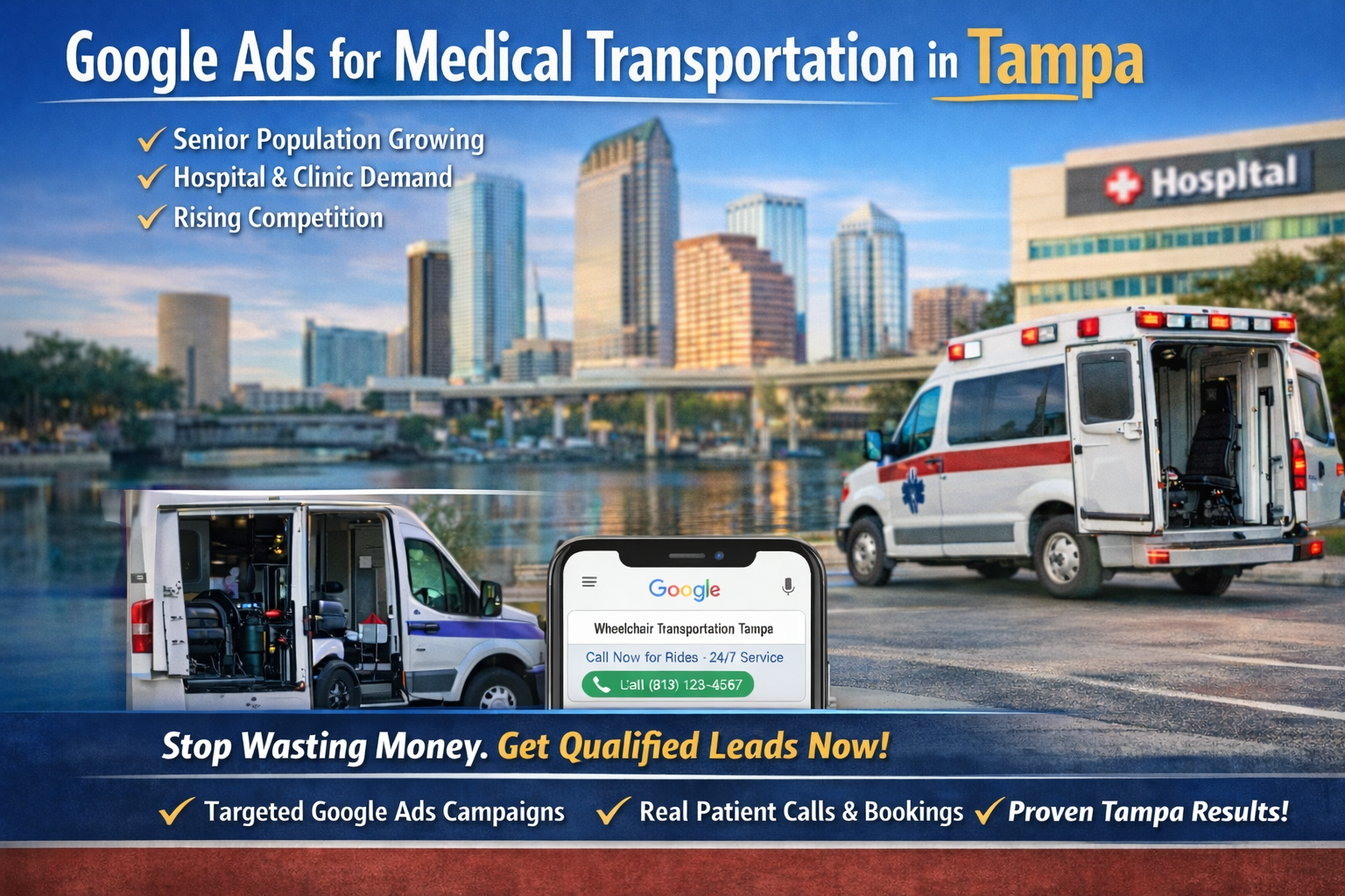 Google Ads strategy for medical transportation in Tampa showing how local, high-intent campaigns generate real calls and bookings.