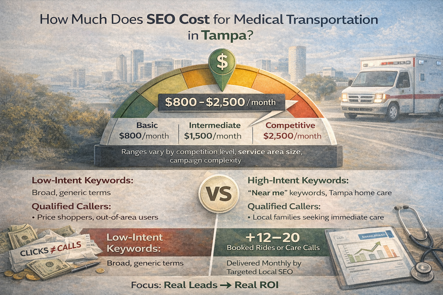 Overview of SEO costs for medical transportation in Tampa, explaining pricing ranges, local SEO factors, and how optimized strategy turns searches into calls.