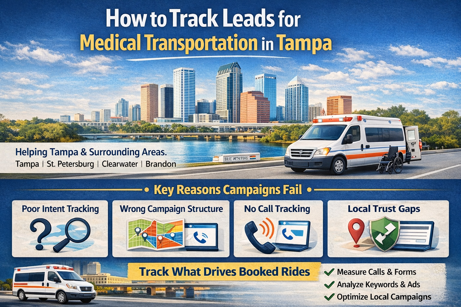 Guide on tracking leads for medical transportation in Tampa, showing how call tracking, GA4, and local analytics connect campaigns to booked rides.