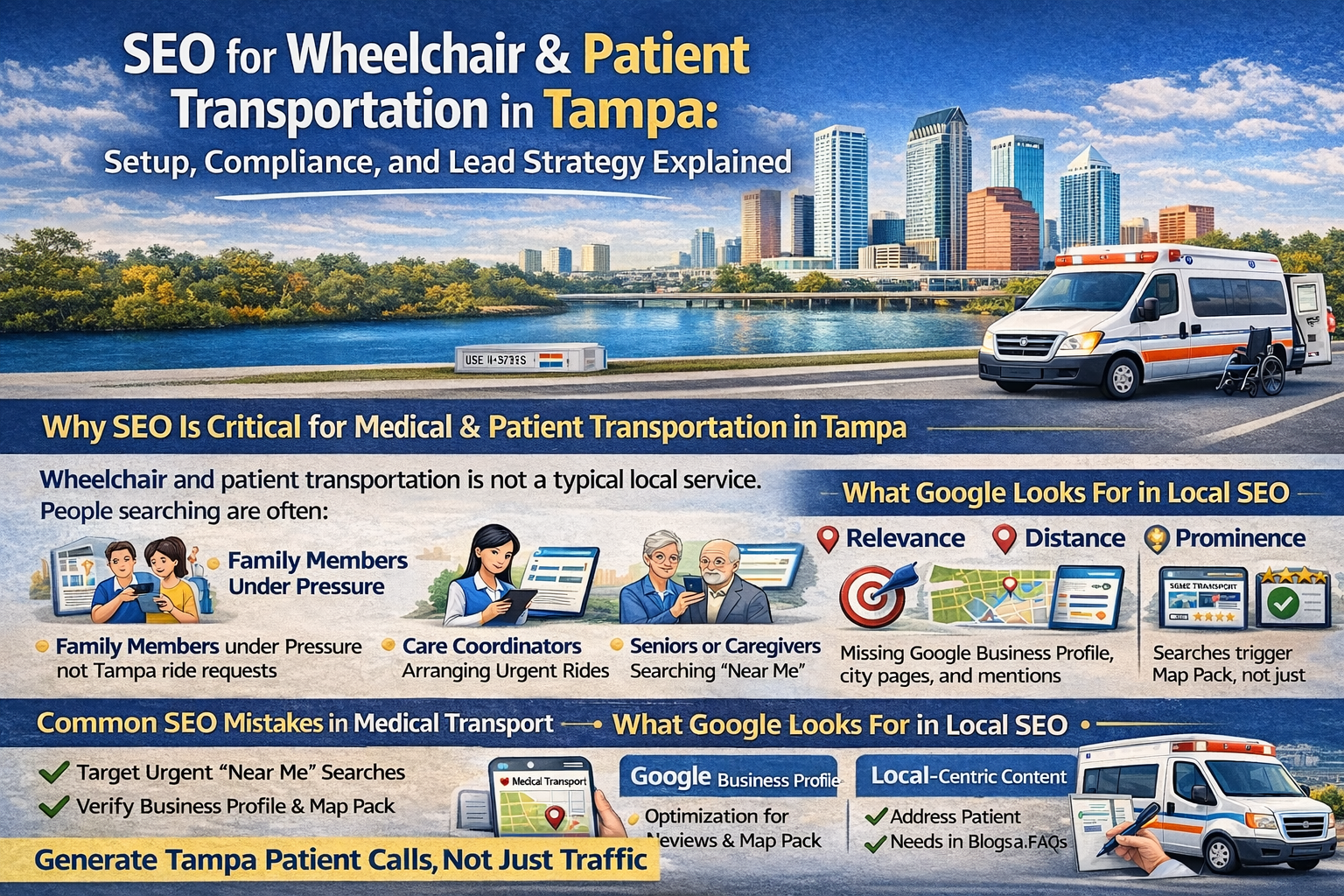 Overview of SEO for medical transportation in Tampa, explaining local SEO, Google Maps optimization, and how transport providers generate consistent calls.