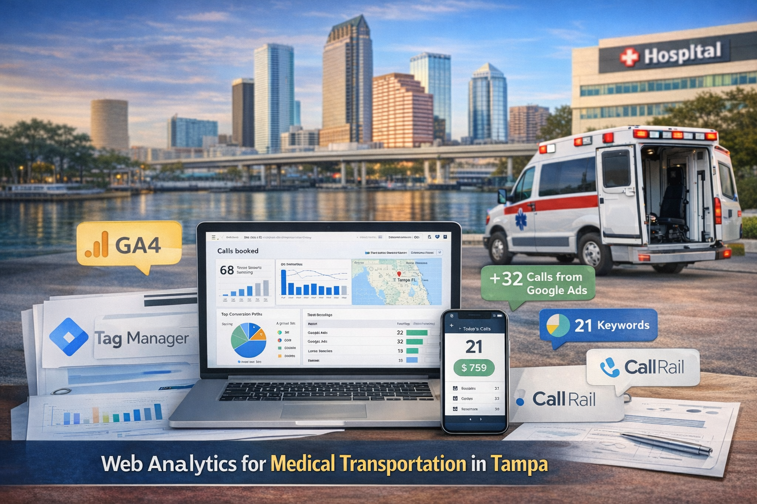 Web analytics dashboard for medical transportation in Tampa showing call tracking, lead sources, and conversion data.
