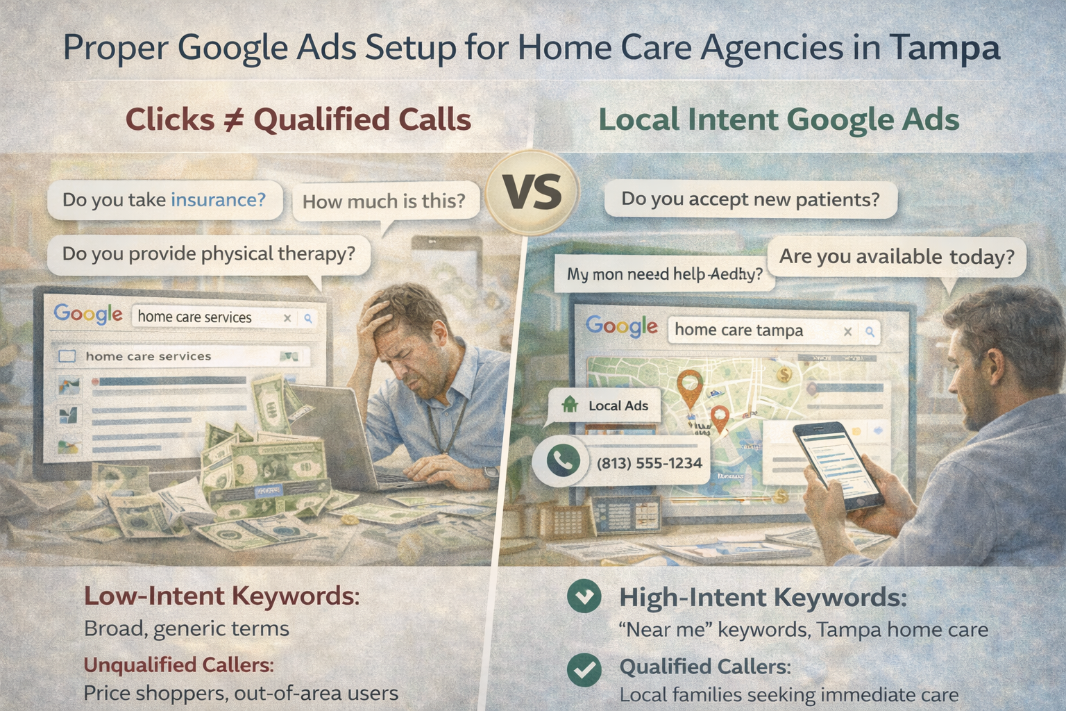 Breakdown of why Google Ads for home care agencies in Tampa fail, showing poor keyword targeting and lack of local intent causing low-quality leads—and how proper setup fixes it.