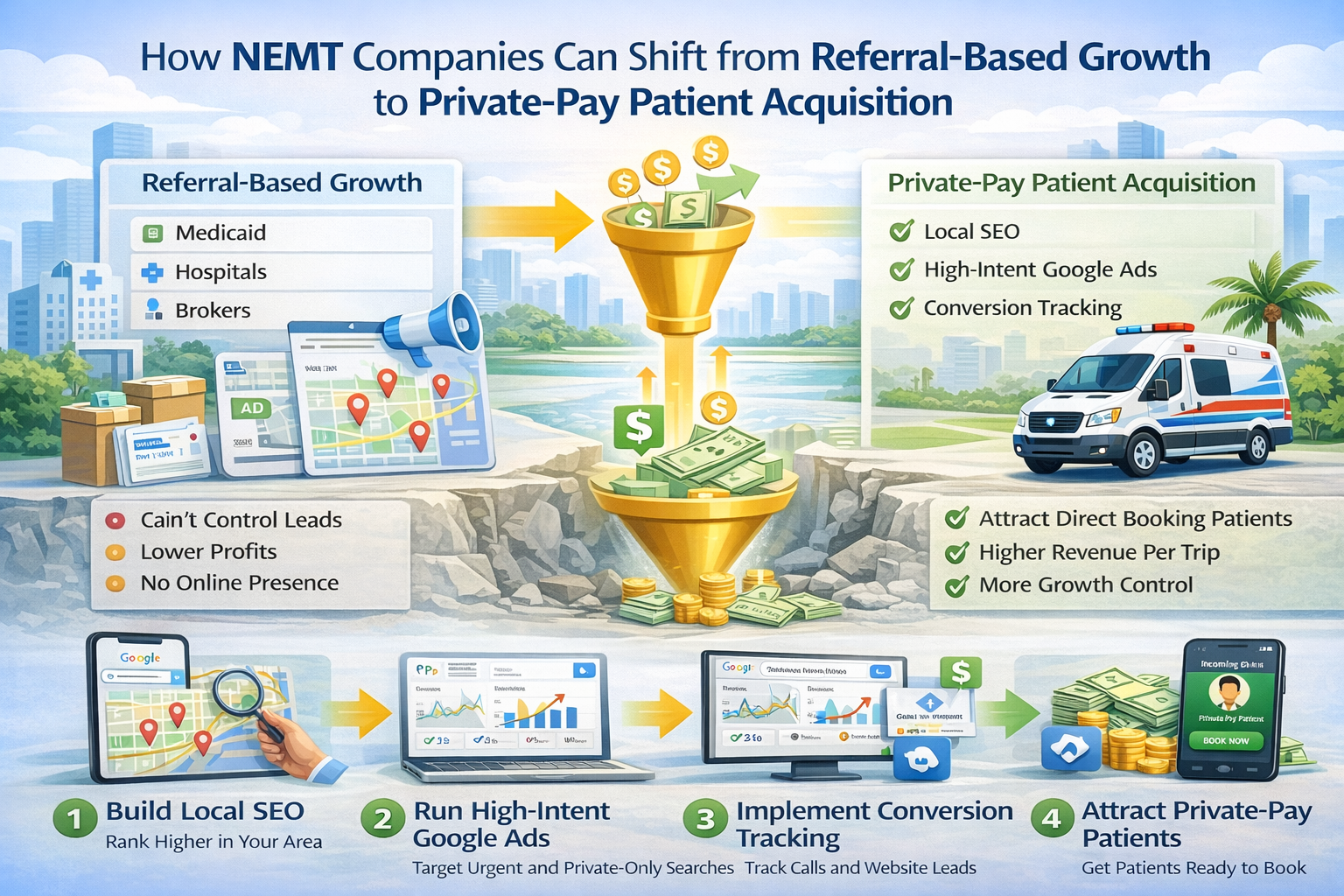 A long-form blog post explaining how NEMT companies can transition from relying on referrals to generating private-pay patients. It highlights the limitations of referral-based growth, such as low margins, lack of control, and no online visibility. The content outlines a strategy focused on local SEO, high-intent Google Ads, and conversion tracking to attract direct bookings from patients searching online. It includes steps like optimizing Google Business Profile, targeting high-intent keywords, improving ad campaigns, and tracking calls and leads. A case study from Miami-Dade shows how shifting strategies led to more private-pay bookings and reduced dependence on brokers. The post emphasizes building a scalable, predictable system for higher revenue and long-term growth.