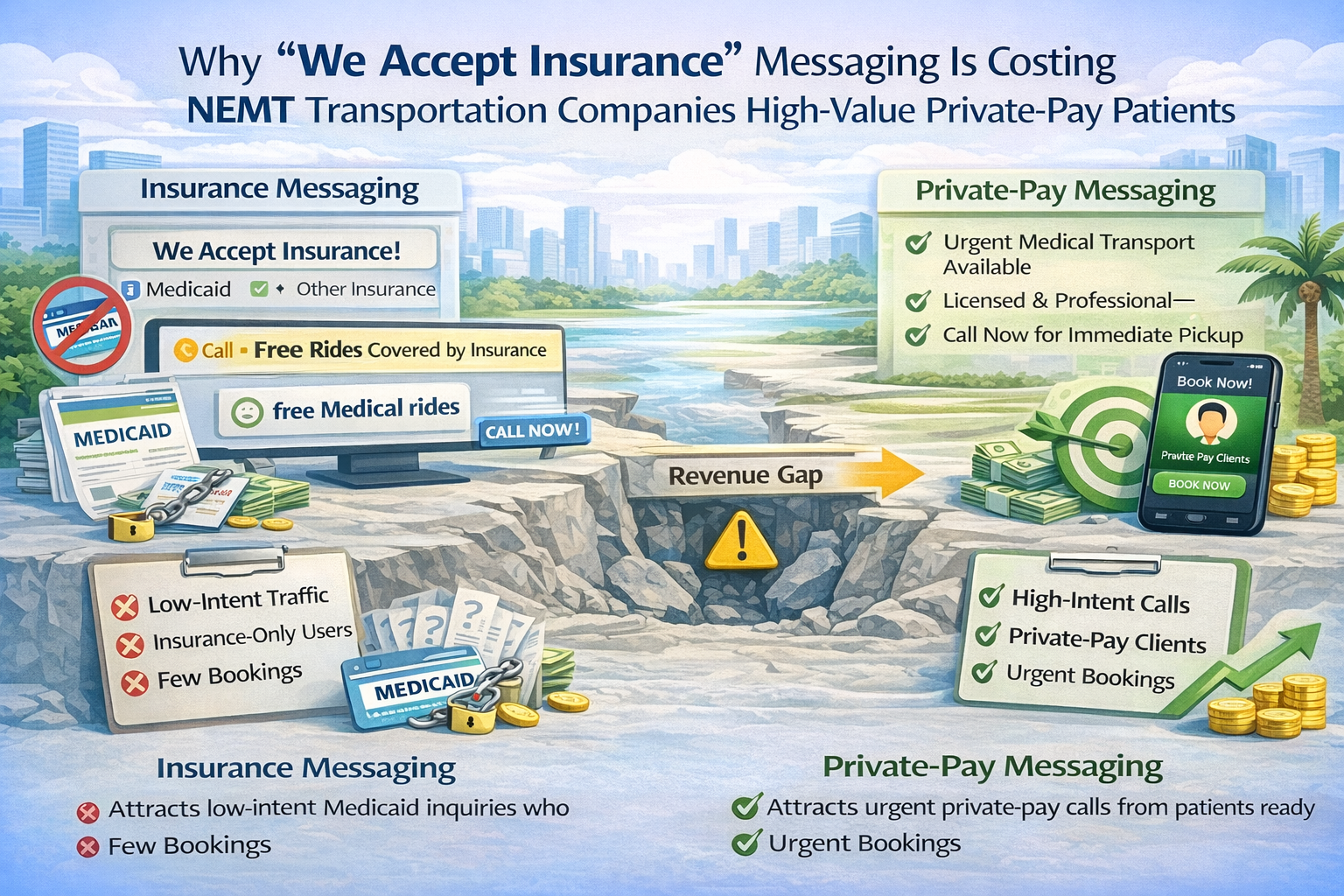 A long-form blog post explaining how “We Accept Insurance” messaging can hurt NEMT businesses by attracting low-quality Medicaid inquiries instead of high-value private-pay patients. It describes how this type of messaging signals low urgency and price-focused services to both Google and potential clients, reducing visibility for high-intent searches like same-day or urgent transport. The content outlines the difference between insurance-based and private-pay search intent, showing how poor messaging leads to wasted ad spend and low conversion rates. It provides actionable steps to fix the issue, including repositioning offers, improving SEO and Google Ads targeting, optimizing Google Business Profile, and implementing conversion tracking. A case study demonstrates how changing messaging increased private-pay bookings and reduced irrelevant calls, emphasizing the importance of aligning marketing with high-intent users.
