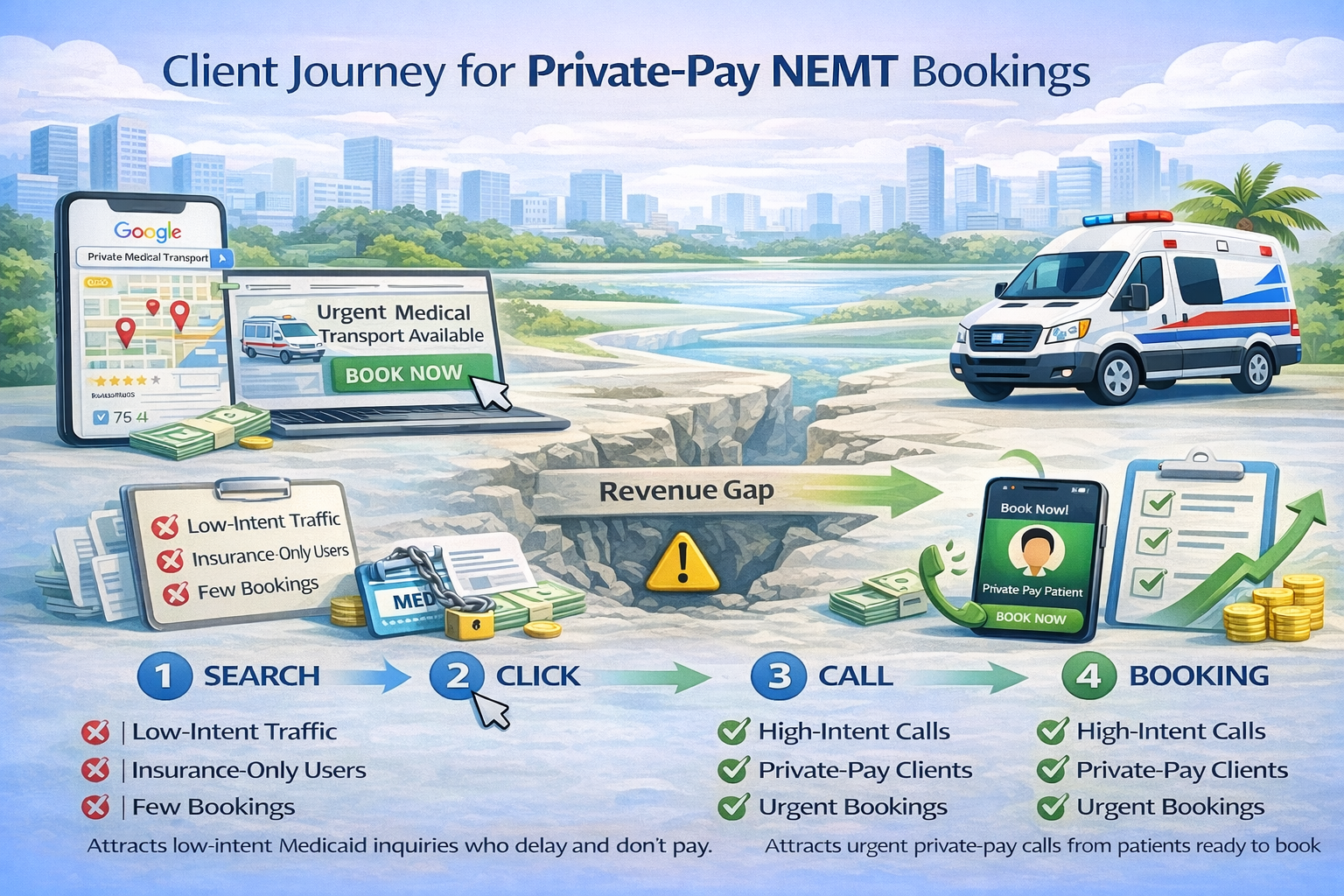 A long-form blog post explaining how high-value NEMT patients use “hidden” high-intent searches when they are ready to book immediate transportation. It highlights that generic keywords bring traffic but not conversions, while urgent, situation-based searches—such as same-day wheelchair transport or hospital discharge transport—indicate readiness to pay. The content breaks down different types of high-intent keywords, including urgency-based, condition-based, and service-specific searches, and explains why most NEMT websites and ads miss them due to poor targeting and lack of tracking. It provides strategies to capture these searches through SEO, Google Ads optimization, geo-targeting, and conversion tracking, emphasizing that focusing on intent rather than traffic leads to more private-pay bookings and higher ROI.