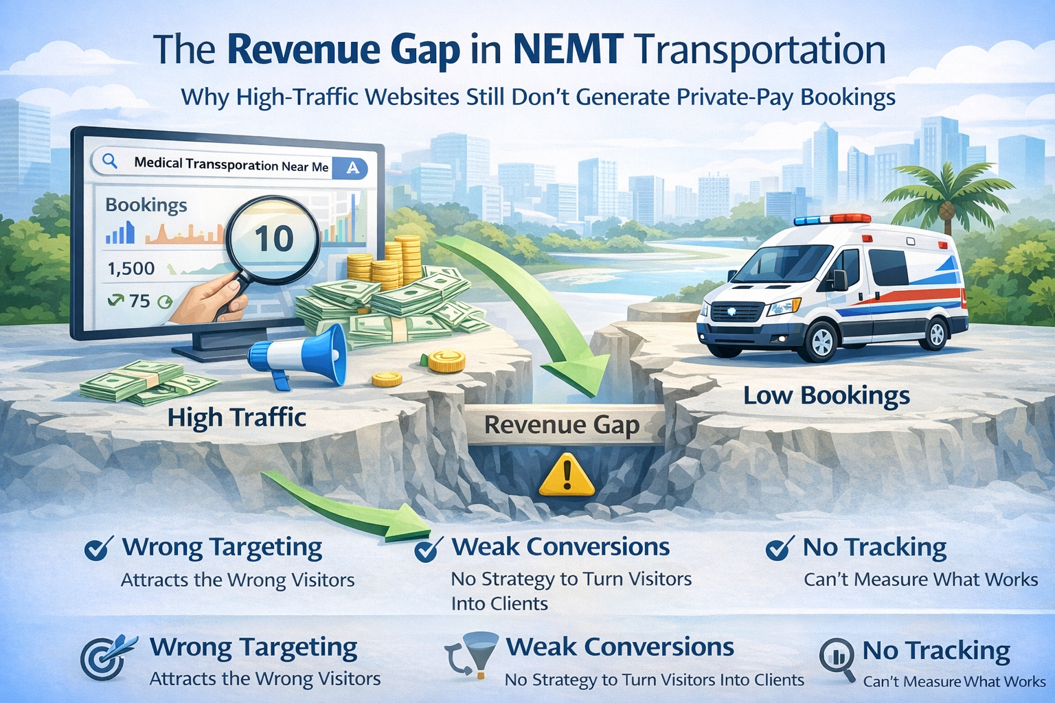 A long-form blog post explaining why many NEMT websites get high traffic but fail to generate private-pay bookings. It introduces the concept of a “revenue gap,” where visibility does not translate into conversions due to poor keyword targeting, weak messaging, lack of conversion-focused website design, and missing tracking systems. The content outlines common mistakes such as attracting low-intent users, overemphasizing insurance, and not tracking calls or leads. It provides actionable steps to fix the issue, including targeting high-intent keywords, improving messaging, optimizing website structure, and implementing tools like GA4 and call tracking. A case study from Broward County demonstrates how these changes led to higher-quality calls and increased bookings. The post emphasizes that success in NEMT marketing comes from attracting the right clients and converting them effectively, not just generating traffic.
