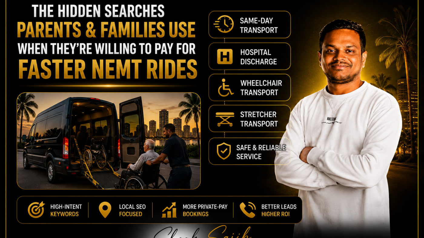 Detailed infographic explaining how NEMT businesses can attract more private-pay bookings by targeting high-intent search behavior instead of broad, generic keywords. The content highlights that families searching for urgent medical transportation often use situation-based queries such as same-day wheelchair transport, urgent stretcher transport, hospital discharge transportation, post-surgery transport, and private medical transportation rather than general searches like "medical transportation near me." It explains that these hidden searches signal immediate need, stronger buying intent, and a greater willingness to pay for fast, reliable service. The infographic categorizes high-intent searches into urgency-based, condition-based, service-specific, and trust-focused keywords, while also identifying common marketing mistakes such as broad keyword targeting, missing negative keywords, weak local SEO, poor location targeting, generic website content, and lack of conversion tracking. It outlines a strategy that includes creating service-specific landing pages, optimizing Google Ads with exact-match and negative keywords, strengthening Google Business Profile visibility, building geo-targeted content for cities across Miami-Dade and Broward County, and tracking calls and form submissions with GA4 and Google Tag Manager. The overall message is that NEMT companies achieve better ROI and more qualified private-pay bookings by focusing on search intent, urgency, and local relevance rather than simply increasing website traffic.
