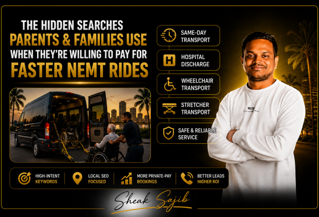 Detailed infographic explaining how NEMT businesses can attract more private-pay bookings by targeting high-intent search behavior instead of broad, generic keywords. The content highlights that families searching for urgent medical transportation often use situation-based queries such as same-day wheelchair transport, urgent stretcher transport, hospital discharge transportation, post-surgery transport, and private medical transportation rather than general searches like "medical transportation near me." It explains that these hidden searches signal immediate need, stronger buying intent, and a greater willingness to pay for fast, reliable service. The infographic categorizes high-intent searches into urgency-based, condition-based, service-specific, and trust-focused keywords, while also identifying common marketing mistakes such as broad keyword targeting, missing negative keywords, weak local SEO, poor location targeting, generic website content, and lack of conversion tracking. It outlines a strategy that includes creating service-specific landing pages, optimizing Google Ads with exact-match and negative keywords, strengthening Google Business Profile visibility, building geo-targeted content for cities across Miami-Dade and Broward County, and tracking calls and form submissions with GA4 and Google Tag Manager. The overall message is that NEMT companies achieve better ROI and more qualified private-pay bookings by focusing on search intent, urgency, and local relevance rather than simply increasing website traffic.