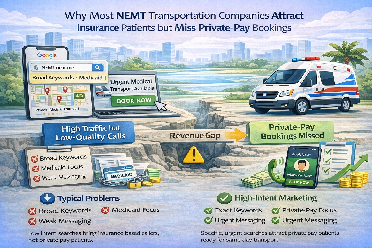 A long-form blog post explaining why many NEMT companies attract insurance and Medicaid patients instead of high-value private-pay bookings. It highlights that broad SEO, generic Google Ads targeting, and unclear messaging bring low-intent traffic rather than urgent, ready-to-book clients. The content describes the difference between insurance-based and private-pay search behavior, emphasizing that private-pay patients prioritize speed, reliability, and immediate service. It outlines common issues such as lack of negative keywords, weak local SEO, poor website messaging, and missing conversion tracking. The post provides strategies to fix these problems, including targeting high-intent keywords, improving ad campaigns, optimizing local SEO, and tracking leads effectively, ultimately helping providers increase private-pay bookings and reduce low-quality calls.