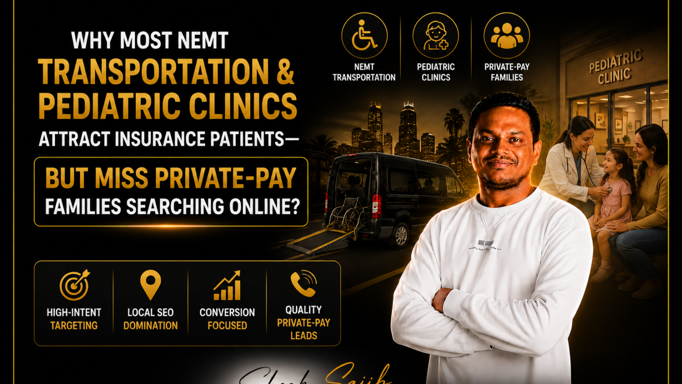 Comprehensive infographic explaining why many NEMT transportation companies and pediatric clinics attract mostly insurance or Medicaid patients while missing high-intent private-pay families searching online. The content describes how broad SEO strategies, generic Google Ads campaigns, and unfocused website messaging often generate low-quality inquiries instead of qualified bookings. It explains that private-pay families typically search with specific, urgent intent, using queries related to same-day pediatric care, private wheelchair transportation, stretcher transport, hospital discharge, and other service-specific needs. The infographic outlines common marketing mistakes, including broad keyword targeting, lack of negative keywords, weak local SEO, generic websites, and missing conversion tracking, and explains how these issues lead to wasted advertising spend and poor lead quality. It presents a strategy focused on high-intent keywords, optimized Google Ads, Google Business Profile optimization, city-specific Local SEO, conversion-focused website messaging, and GA4 and Google Tag Manager tracking to improve lead quality and return on investment. Using examples from Miami-Dade and Broward County, the content demonstrates how refining search targeting and local optimization can reduce irrelevant Medicaid inquiries while increasing qualified private-pay leads.