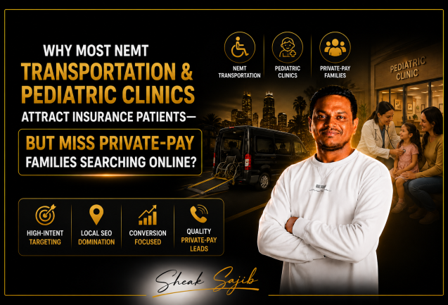 Comprehensive infographic explaining why many NEMT transportation companies and pediatric clinics attract mostly insurance or Medicaid patients while missing high-intent private-pay families searching online. The content describes how broad SEO strategies, generic Google Ads campaigns, and unfocused website messaging often generate low-quality inquiries instead of qualified bookings. It explains that private-pay families typically search with specific, urgent intent, using queries related to same-day pediatric care, private wheelchair transportation, stretcher transport, hospital discharge, and other service-specific needs. The infographic outlines common marketing mistakes, including broad keyword targeting, lack of negative keywords, weak local SEO, generic websites, and missing conversion tracking, and explains how these issues lead to wasted advertising spend and poor lead quality. It presents a strategy focused on high-intent keywords, optimized Google Ads, Google Business Profile optimization, city-specific Local SEO, conversion-focused website messaging, and GA4 and Google Tag Manager tracking to improve lead quality and return on investment. Using examples from Miami-Dade and Broward County, the content demonstrates how refining search targeting and local optimization can reduce irrelevant Medicaid inquiries while increasing qualified private-pay leads.