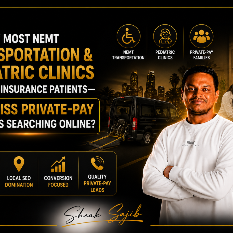 Comprehensive infographic explaining why many NEMT transportation companies and pediatric clinics attract mostly insurance or Medicaid patients while missing high-intent private-pay families searching online. The content describes how broad SEO strategies, generic Google Ads campaigns, and unfocused website messaging often generate low-quality inquiries instead of qualified bookings. It explains that private-pay families typically search with specific, urgent intent, using queries related to same-day pediatric care, private wheelchair transportation, stretcher transport, hospital discharge, and other service-specific needs. The infographic outlines common marketing mistakes, including broad keyword targeting, lack of negative keywords, weak local SEO, generic websites, and missing conversion tracking, and explains how these issues lead to wasted advertising spend and poor lead quality. It presents a strategy focused on high-intent keywords, optimized Google Ads, Google Business Profile optimization, city-specific Local SEO, conversion-focused website messaging, and GA4 and Google Tag Manager tracking to improve lead quality and return on investment. Using examples from Miami-Dade and Broward County, the content demonstrates how refining search targeting and local optimization can reduce irrelevant Medicaid inquiries while increasing qualified private-pay leads.