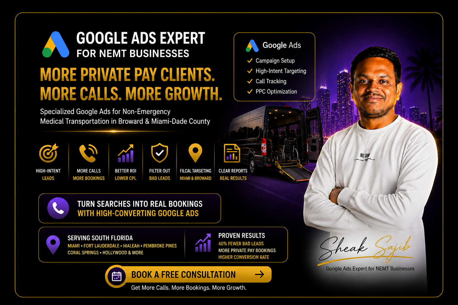 Comprehensive service page promoting a Google Ads expert specializing in Non-Emergency Medical Transportation (NEMT) for Broward and Miami-Dade County, helping medical transportation providers generate more private-pay clients, direct phone calls, and consistent business growth. The content explains how strategic Google Ads management targets high-intent searches for wheelchair transportation, stretcher transport, long-distance medical transportation, and hospital discharge services while filtering out low-quality Medicaid and insurance inquiries. It outlines a complete Google Ads management process, including campaign setup, service-specific campaign structure, high-intent keyword research, conversion-focused ad copy, landing page optimization, negative keyword implementation, call tracking, conversion tracking, bid optimization, A/B testing, and ongoing PPC management to improve lead quality and return on investment. The page highlights local campaign targeting across Miami, Miami Beach, Hialeah, Fort Lauderdale, Pembroke Pines, Miramar, Hollywood, Coral Springs, Davie, Sunrise, Aventura, and surrounding South Florida communities. It also features a local case study demonstrating reduced irrelevant calls, increased private-pay leads, and improved booking conversions, along with information about industry experience, transparent reporting, analytics setup, and strategy-driven campaign management. The overall message emphasizes helping NEMT businesses reduce wasted ad spend, attract qualified private-pay patients, increase direct bookings, and achieve sustainable growth through specialized Google Ads expertise.