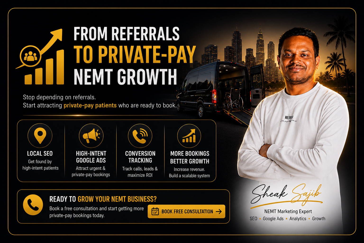 Comprehensive blog post explaining why leading with "We Accept Insurance" messaging can reduce high-value private-pay bookings for Non-Emergency Medical Transportation (NEMT) companies in Broward and Miami-Dade County. The article describes how insurance-focused messaging attracts low-intent Medicaid inquiries, price-sensitive callers, and insurance-related questions while discouraging private-pay patients who need urgent wheelchair transportation, stretcher transport, hospital discharge services, or same-day medical transportation. It explains how search intent influences Google Ads, local SEO, Google Business Profile visibility, and conversion rates, comparing Medicaid-focused searches with high-intent private-pay searches. The content outlines practical strategies for repositioning marketing messages, optimizing Google Business Profiles, targeting high-intent keywords, adding negative keywords, improving Google Ads campaigns, creating urgency-driven landing pages, and implementing Google Analytics 4 (GA4), Google Tag Manager (GTM), call tracking, and conversion tracking to improve lead quality. A real-world case study demonstrates how changing messaging from insurance-focused to private-pay and same-day transportation reduced irrelevant calls, increased qualified private-pay bookings, and improved return on investment. The guide also covers local SEO strategies for Miami, Fort Lauderdale, Hollywood, Pembroke Pines, Hialeah, Coral Springs, and surrounding South Florida communities, emphasizing that aligning marketing with urgency, trust, and high-intent search behavior helps NEMT providers generate more profitable bookings while reducing wasted advertising spend.