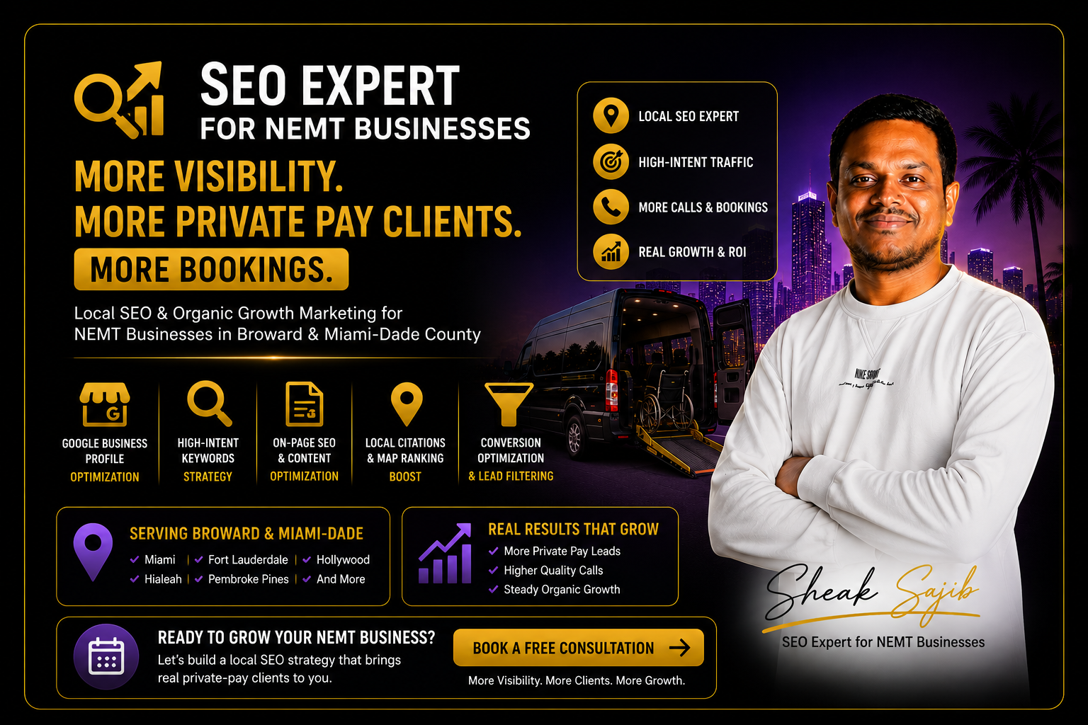 Comprehensive service page promoting an SEO expert specializing in Non-Emergency Medical Transportation (NEMT) for Broward and Miami-Dade County, helping medical transportation providers increase organic visibility, generate more private-pay clients, and reduce low-quality insurance inquiries. The content explains how local SEO helps NEMT companies appear in Google Search and Google Maps for high-intent searches such as wheelchair transportation, stretcher transport, hospital discharge transportation, and private medical transport. It outlines a complete SEO strategy that includes Google Business Profile optimization, high-intent keyword research, on-page SEO, local citation building, AI search optimization (AEO), content marketing, local authority development, and conversion optimization to improve rankings and turn website visitors into qualified bookings. The page emphasizes reducing irrelevant Medicaid calls, improving lead quality, and creating a predictable flow of private-pay inquiries by combining local SEO with Google Ads and conversion tracking. It also highlights expertise with tools such as Google Search Console, Google Analytics 4 (GA4), Ahrefs, and Google Business Profile Insights, along with transparent reporting focused on calls, inquiries, and measurable business growth. Overall, the service positions SEO as a long-term strategy for helping NEMT businesses across Broward and Miami-Dade County build online authority, dominate local search results, attract high-value patients, and generate sustainable organic growth.